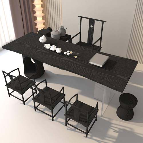 碳化黑VXJ色实木茶桌蜡木白大板泡茶客桌厅原木色餐悬浮亚克力茶