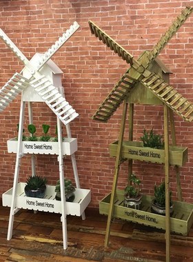 创意落地木质风车花架装饰家居阳台软装店铺橱窗摆设田园风大花架