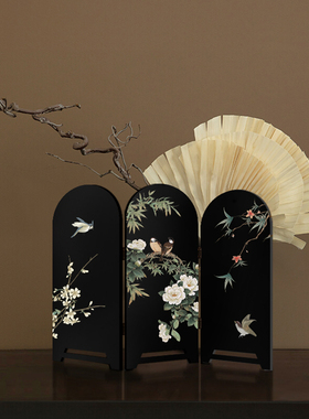 中古风花鸟装饰画法式电视柜摆件复古玄关柜边柜可折叠屏风小摆画