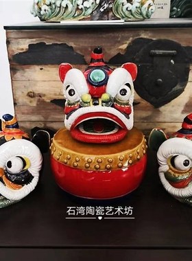 石湾陶瓷公仔舞醒狮汽车载小摆件旅游手信店铺开业送礼招财动物