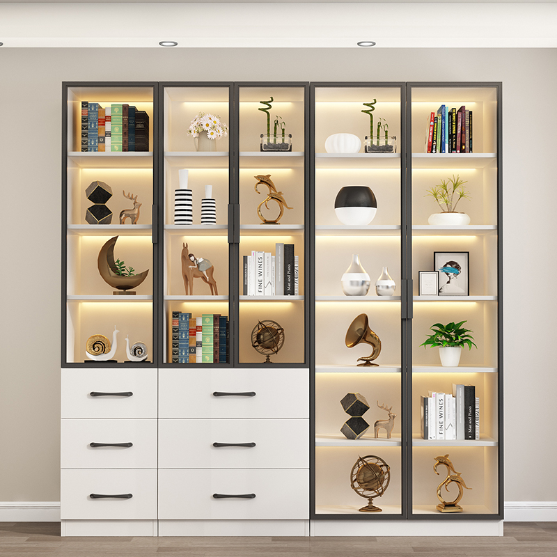 实木书柜家用书架防尘带玻璃门客厅一体书橱整墙书架置物