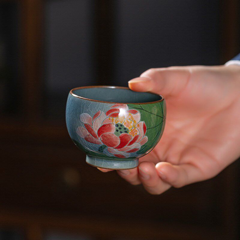 手绘荷花主人杯100ml全手工茶杯单杯陶瓷杯子釉下五彩老陶泥复古