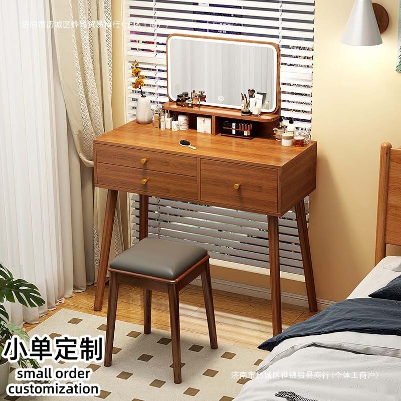 叁格木简易梳妆台简约租房家用小户型收纳化妆桌影楼带灯妆台桌子