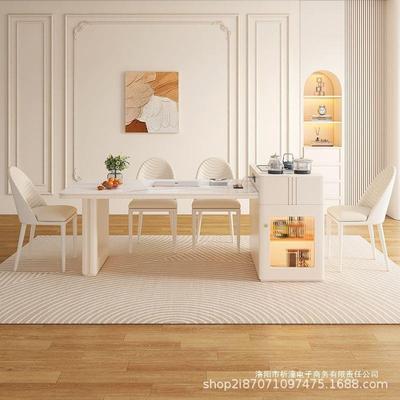 奶油伸缩台岩板茶桌JMJ餐桌一体桌椅轻奢现组合简约家用岛代餐小