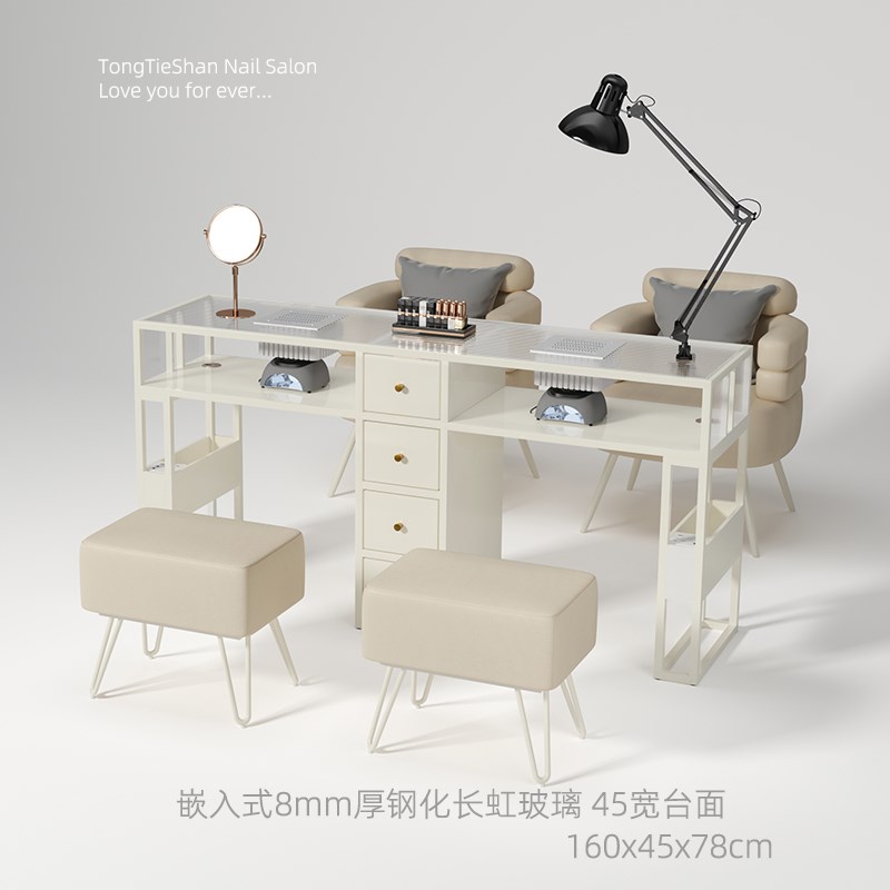 童铁山45宽美甲桌玻璃大台面吸尘器修甲台黑色美甲店专用桌椅套装