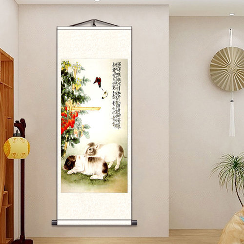 国画猪图小黑猪生肖动物装饰画十二生肖画猪年挂画卷轴挂画礼品画