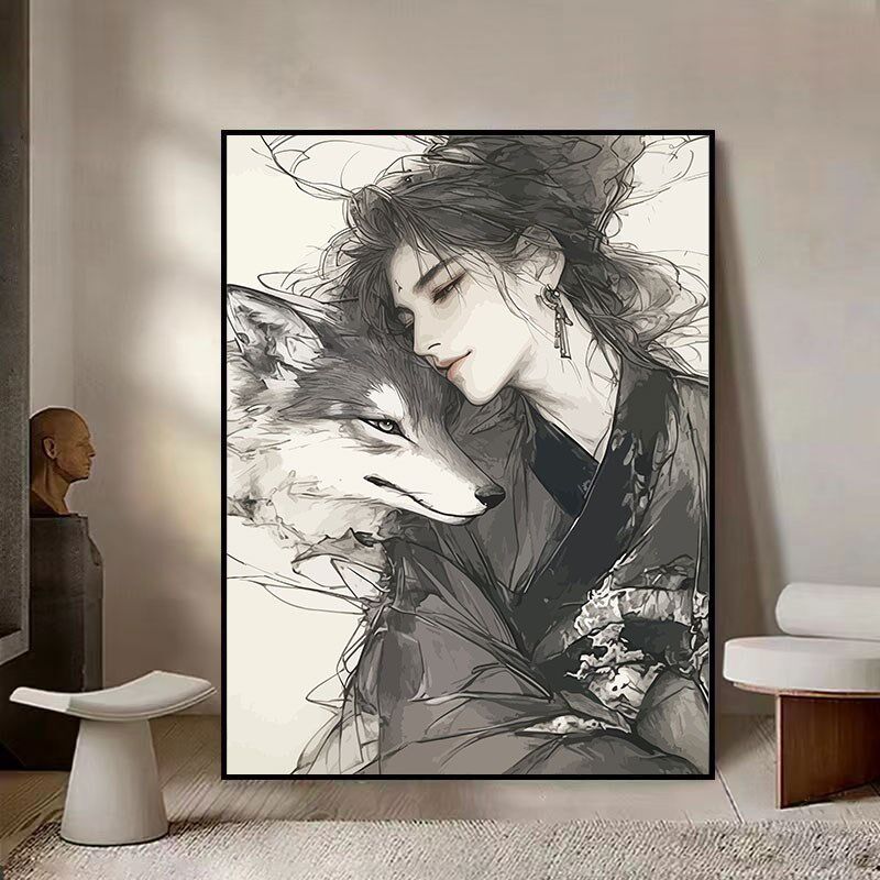 古风狼少年国潮数字油画diy填充涂色填色手工绘丙烯油彩画装饰画