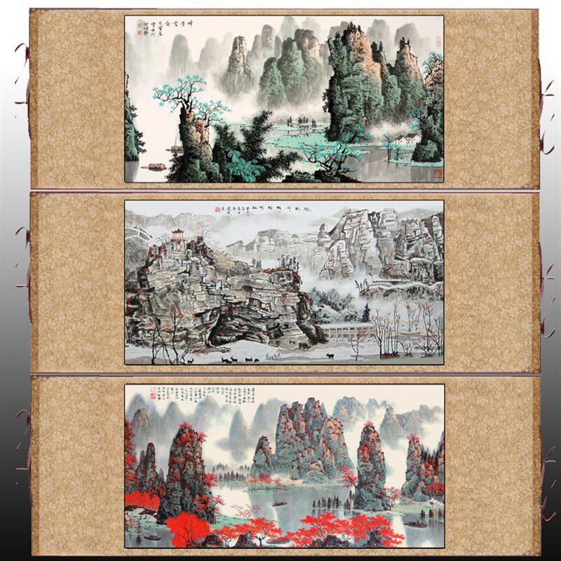 名家山水横幅丝绸挂画国画卷轴画漓江山水挂画书房装饰画白雪石画