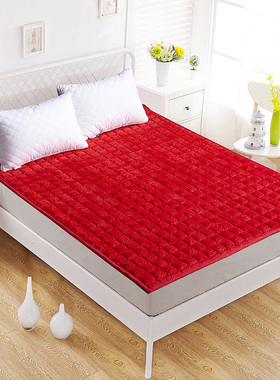 大红色结婚纯色秋冬水晶绒加厚保暖床褥子防滑床垫双人1.8米1.5m2