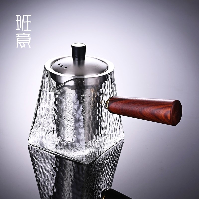 班意 木把玻璃公道杯大容量304过滤分茶器加厚耐热侧把公杯倒茶杯