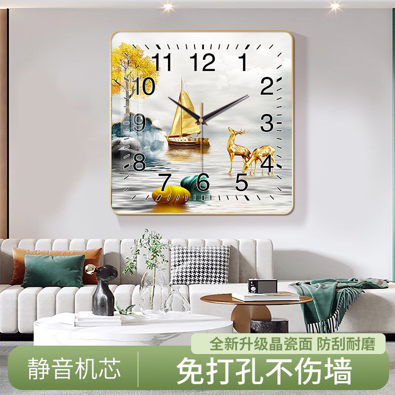 静音准时装饰画挂钟客厅晶瓷画正方形家用钟表卧室时钟餐厅挂墙表