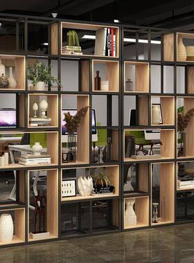 隔断置物架工风装饰客红厅餐厅业33322实木格室子架网办公书架