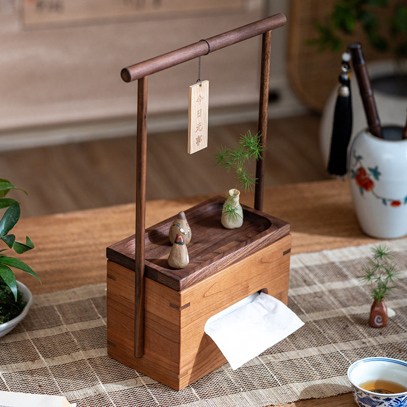 实木提梁双侧纸巾盒客厅抽纸盒家居茶室装饰摆件新中式餐巾纸盒