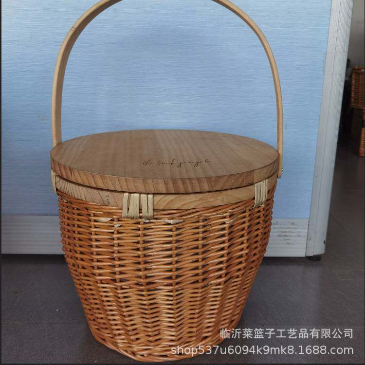 木质带盖柳编框保温提手餐篮藤编带把手木盖篮手工编织果蔬收纳筐
