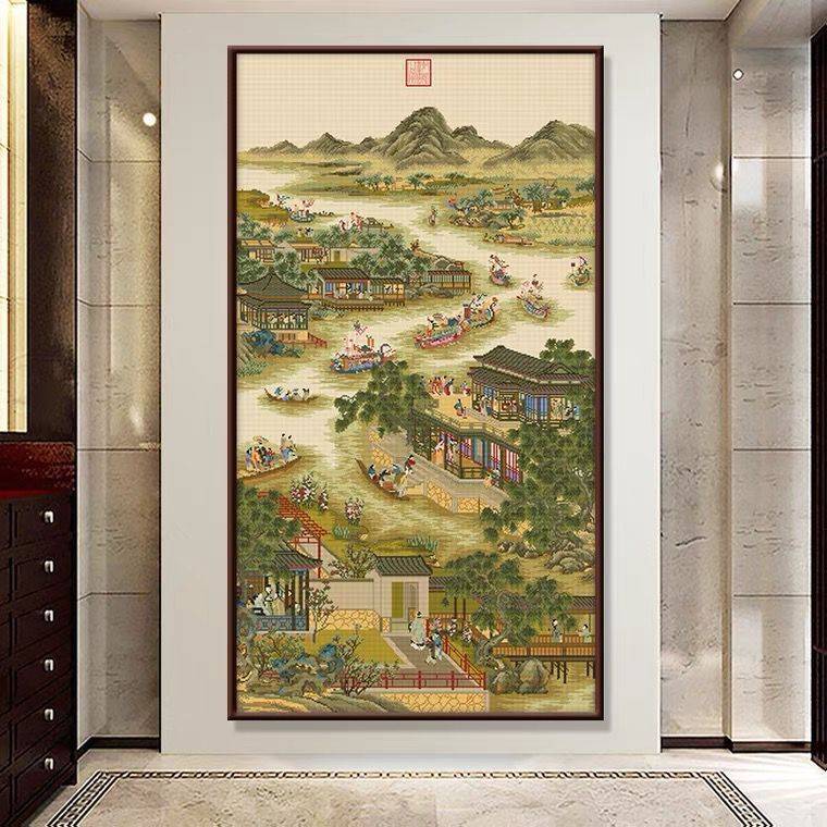 雍正十二月五月十字绣2024新款线绣风景名画竖版玄关客厅手工刺绣
