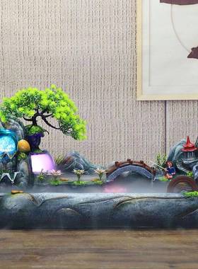 假山流水景造鱼客厅QUO电视的柜上放鱼缸风水轮招财家用生态养水