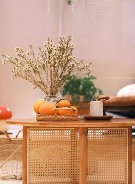 藤编茶几形边几原木家简约用民宿实木酒店奶油客厅阳圆桌台TVD子