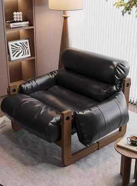 单人沙发椅泽西岛客厅家用中古风皮沙发休闲沙发懒人实木复古躺椅