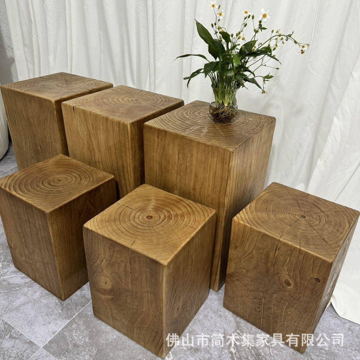 原木复YJN古旧茶几边几木民墩凳件宿酒店方形木桩摆做色花架阳台