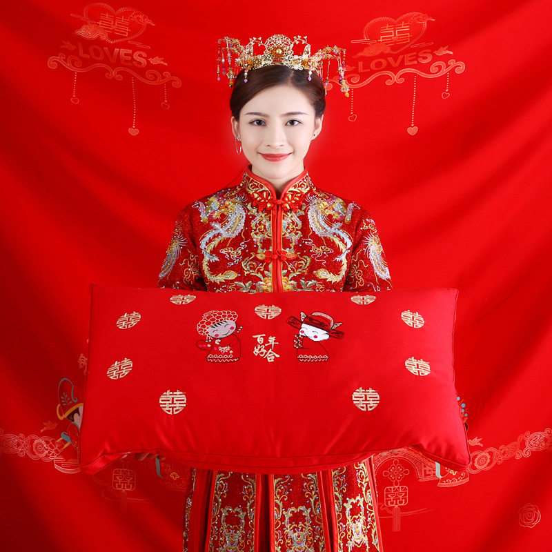 结婚庆枕芯全棉枕芯刺绣款羽丝绒立体纯棉双人枕头大红色情侣枕芯