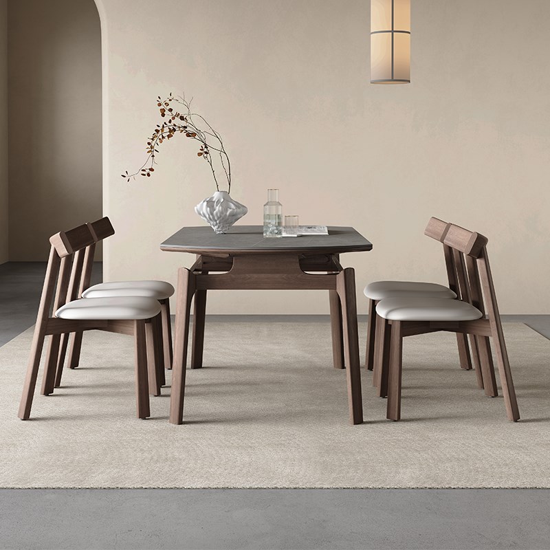 意式灰色岩板餐桌可伸缩圆形家用小户型饭桌椅现代简约实木圆餐桌