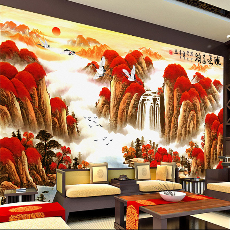 鸿运当头背景墙纸中式山水壁画定制沙发茶楼电视墙国画画壁纸定制