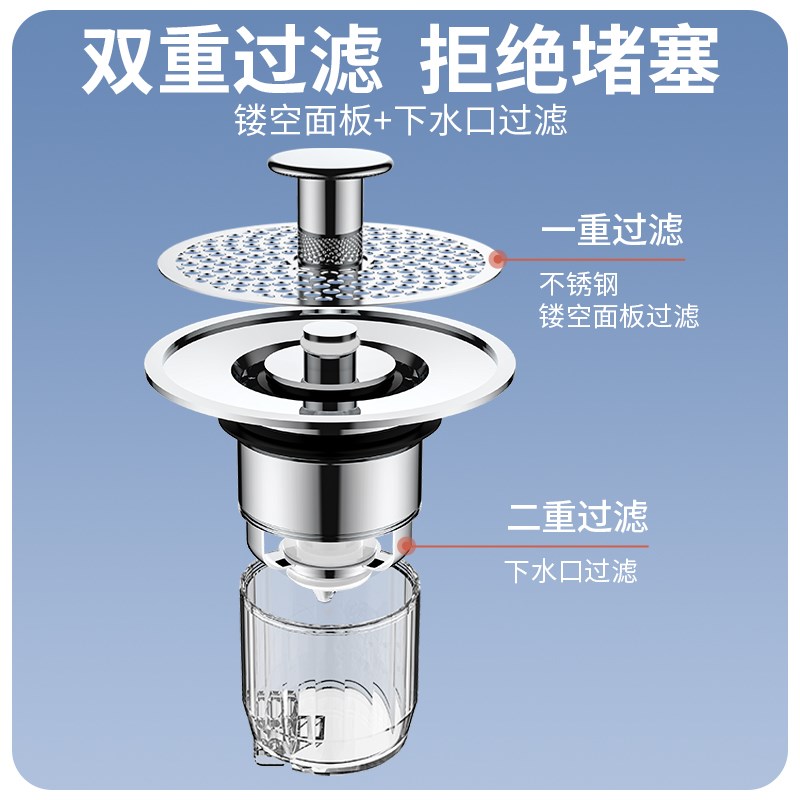 洗手盆漏水塞脸池通用面盆弹跳芯下水器按压式防臭防堵过滤网配件