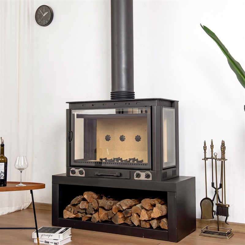 三面玻璃壁炉真火燃木柴室内欧式别墅家用木柴民宿客厅钢板装饰