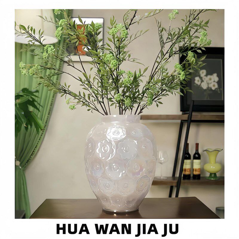 32CM高大号原色料法式浮雕珍珠白玻璃花瓶水养鲜切花餐厅客厅摆件