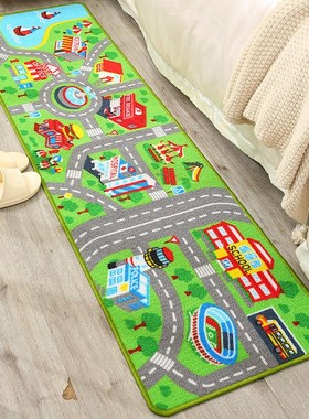 捷成地毯卧室床边儿童房绿色可机洗家用印花田园汽车城市交通地垫