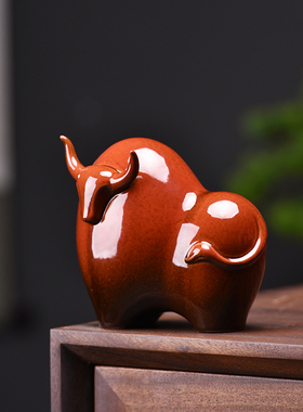创意牛气冲天陶瓷红色牛摆件中式家居客厅招财装饰吉祥物酒柜摆设