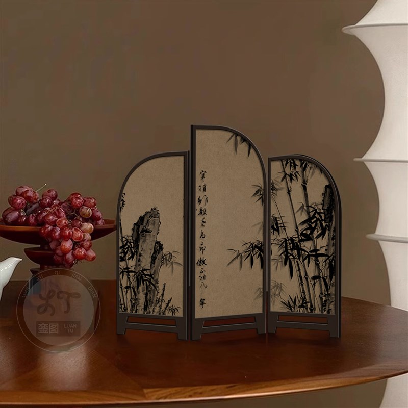 复古电视柜摆件中式墨竹茶室桌面玄关柜边柜装饰可折叠屏风小摆件