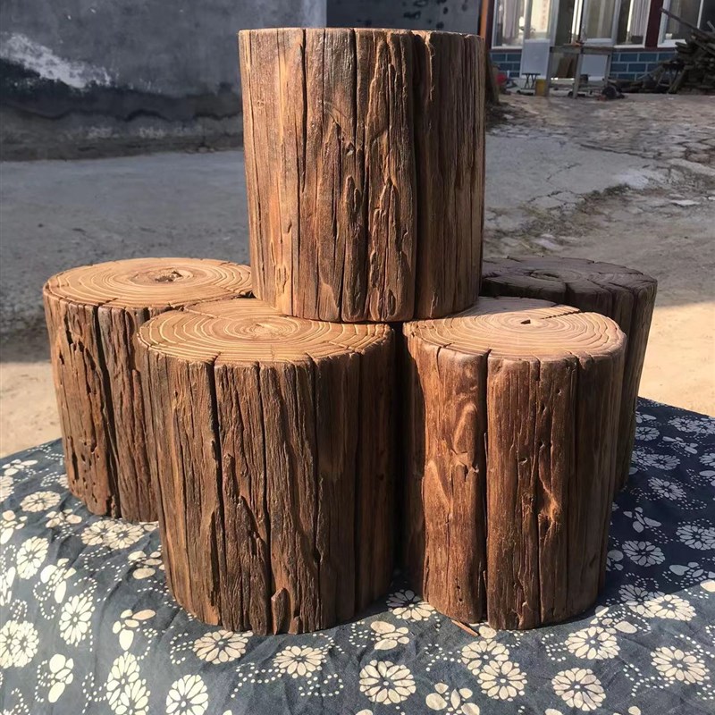 侘寂风原木树桩木桩风化老榆木花架木墩摆件实木墩子矮凳老树墩子