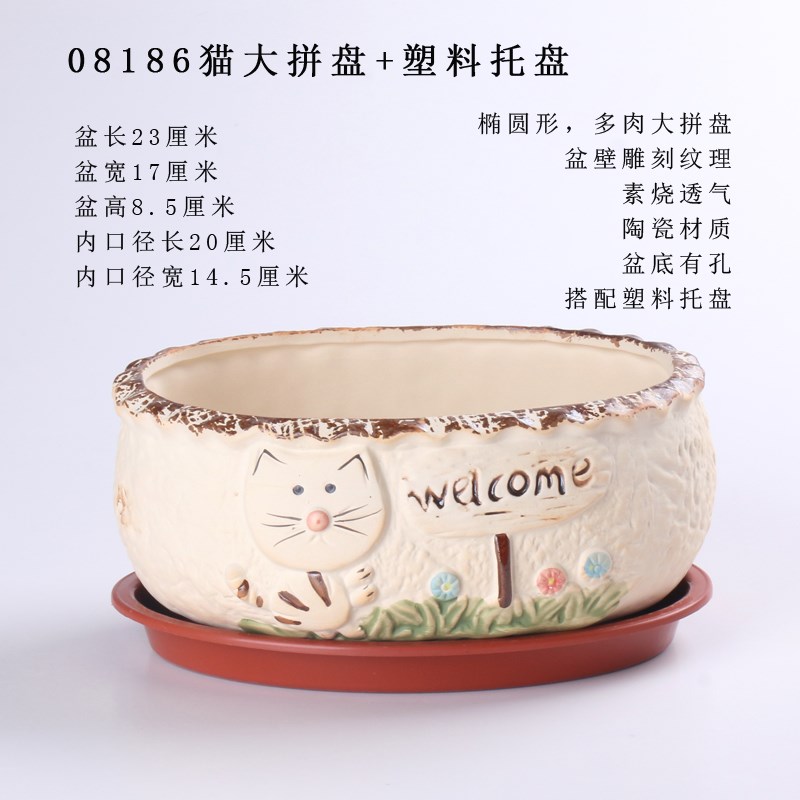 特大陶瓷多肉大拼盘带有塑料托盘素烧透气有孔椭圆形粗陶大花盆