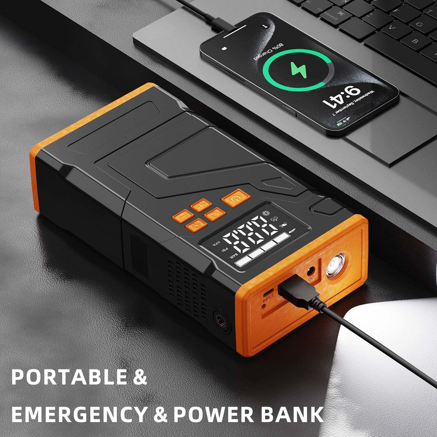 新款便携式汽车打气泵充气一体机便携式带开关按键LED灯显示