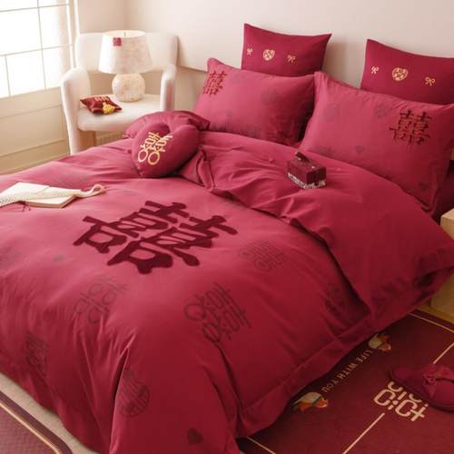 上喜长绒FJA棉四件套结婚色喜字刺喜绣床加单被套婚庆床上红用品