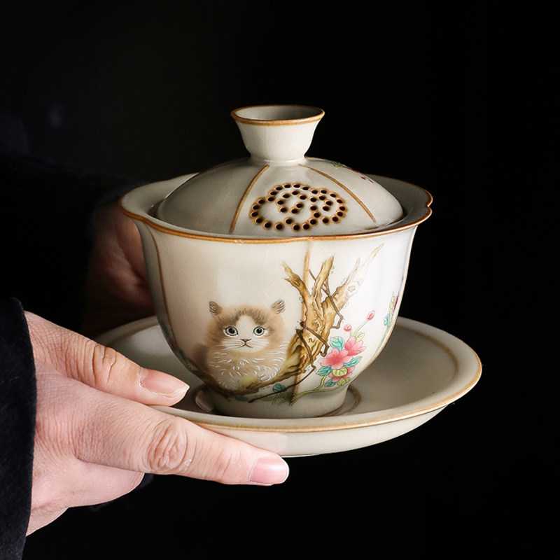米黄汝窑防烫三才盖碗茶杯单个高档女士功夫茶具家用茶碗带盖泡茶