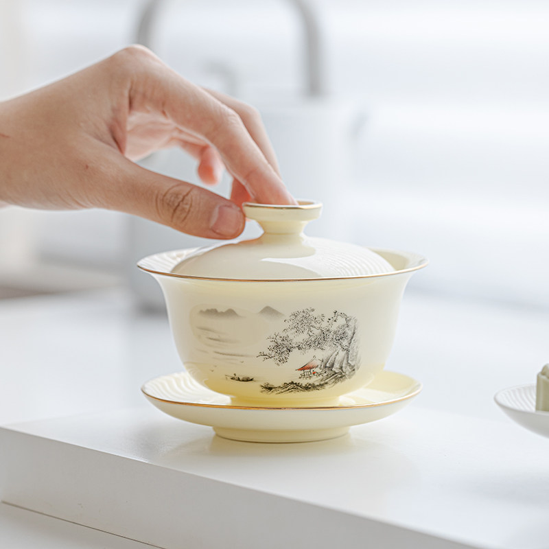冰种玉瓷三才盖碗单个家用茶桌 陶瓷兰花大号泡茶碗茶杯功夫茶具