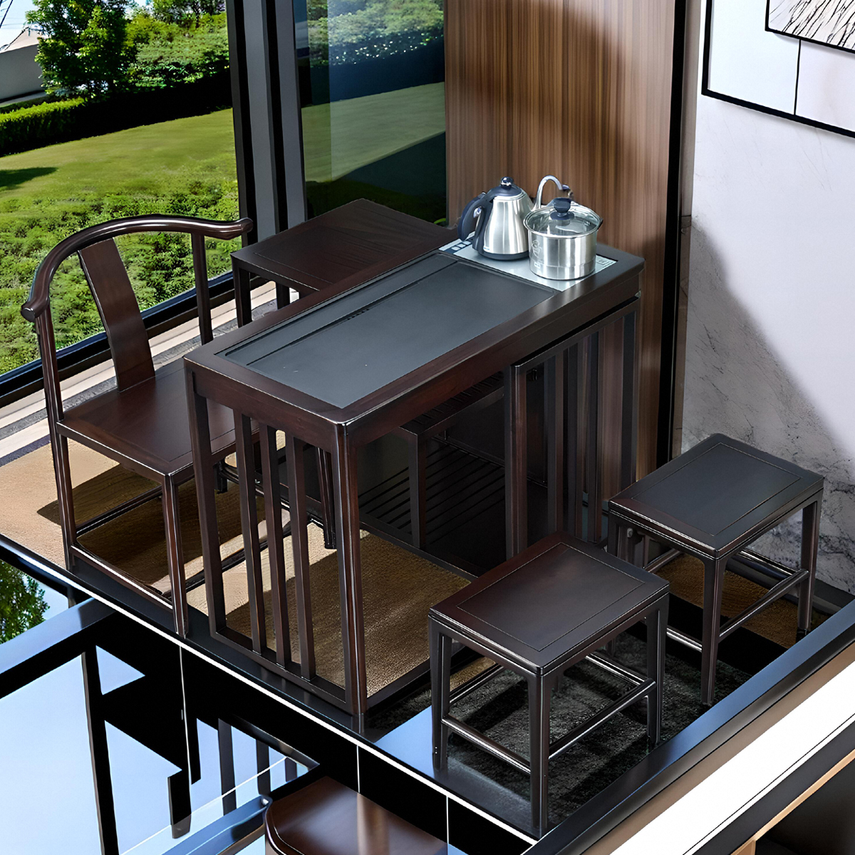 朴房阳台茶桌家用小茶台可移动茶车多功能实木乌金石一体简约现代