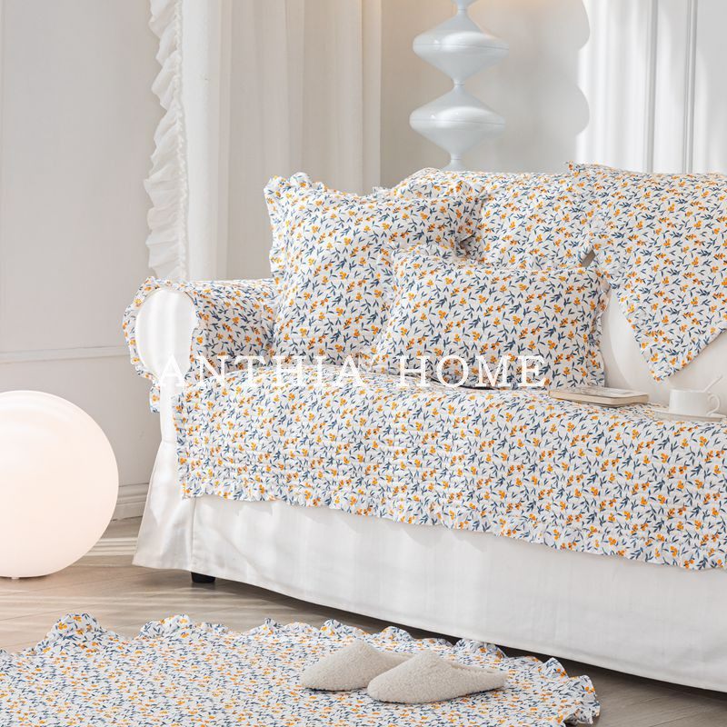 简约全棉沙发垫田园沙发巾套罩荷叶边布艺坐垫四季通用防滑清新韩