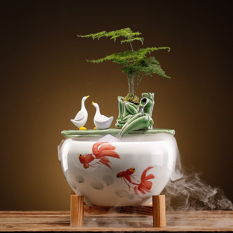 鱼缸陶瓷装饰茶桌玄关茶室桌面客厅办公室招财金鱼缸造景流水摆件