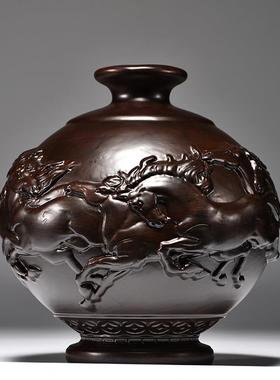 黑檀木TQ-720雕骏雄饰风花瓶摆件马到成功客厅工插花装家八居实木