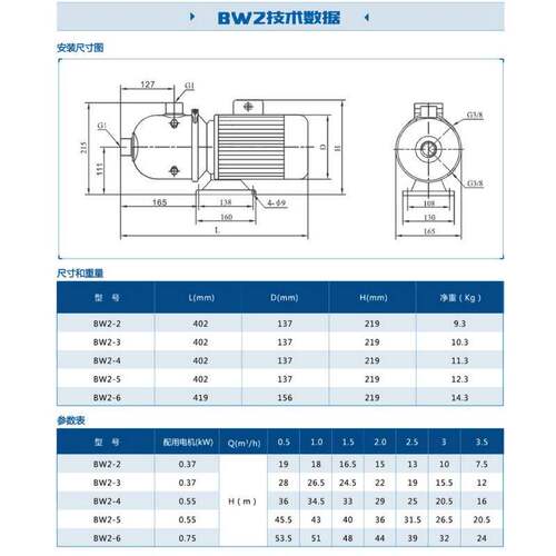 新界SHIMGE轻型卧式离心泵不锈钢多级离心水泵BW家用管道增压水泵