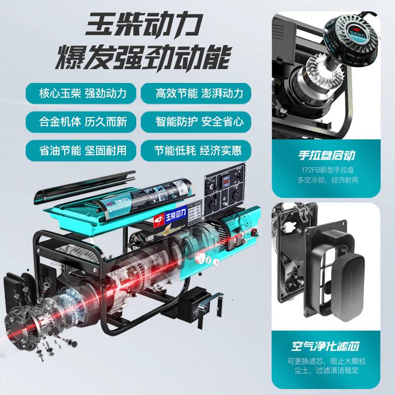 包邮玉柴动力3/5/6/8/10kw千瓦小型家用汽油发电机单相220V380双