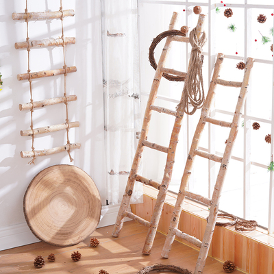 白桦木实木梯子森系原木装饰墙面挂绳落地摆件复古怀旧幼儿园道具