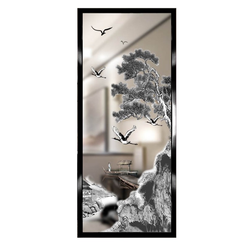 艺术玻璃定制钢化玄关电视背景墙屏风隔断磨砂透光高山流水迎客松