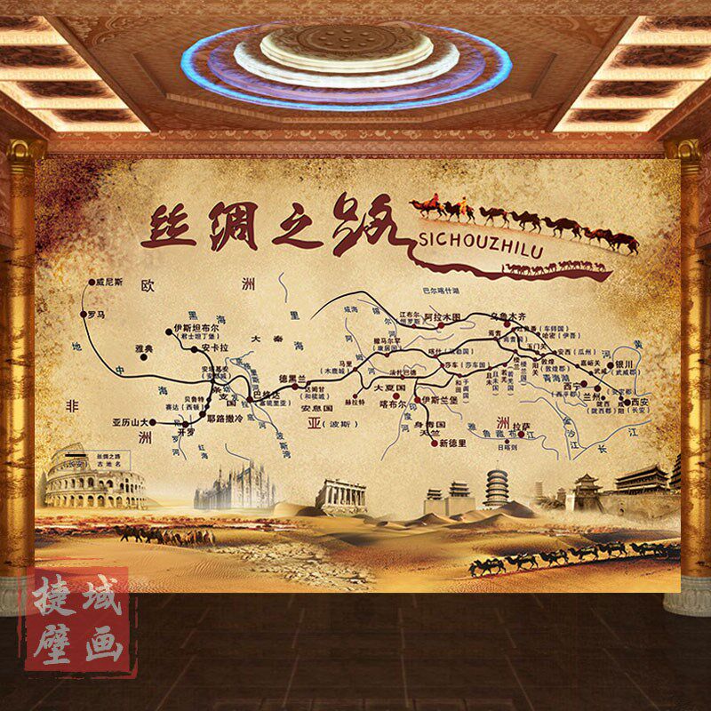 丝绸之路地图沙漠壁画历史古代文化贸易壁纸怀旧路线餐厅背景墙纸