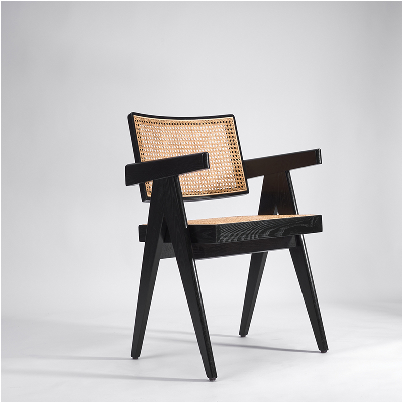 昌迪加尔椅家用藤编餐椅原木扶手椅侘寂风实木休闲椅设计简约现代