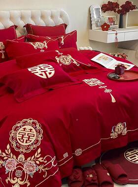婚中式庆亲磨毛四件套红色刺婚房礼绣花绣喜WZ100850被结婚被套床
