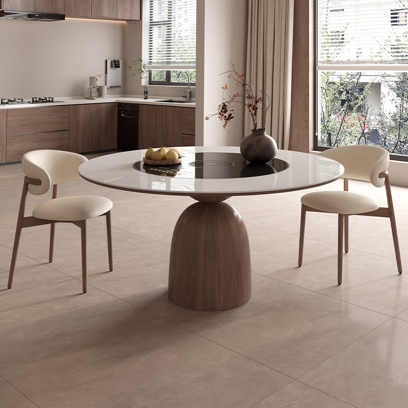 岩板圆形餐桌椅中古风20新款内嵌暖菜转盘带电磁炉实木饭桌